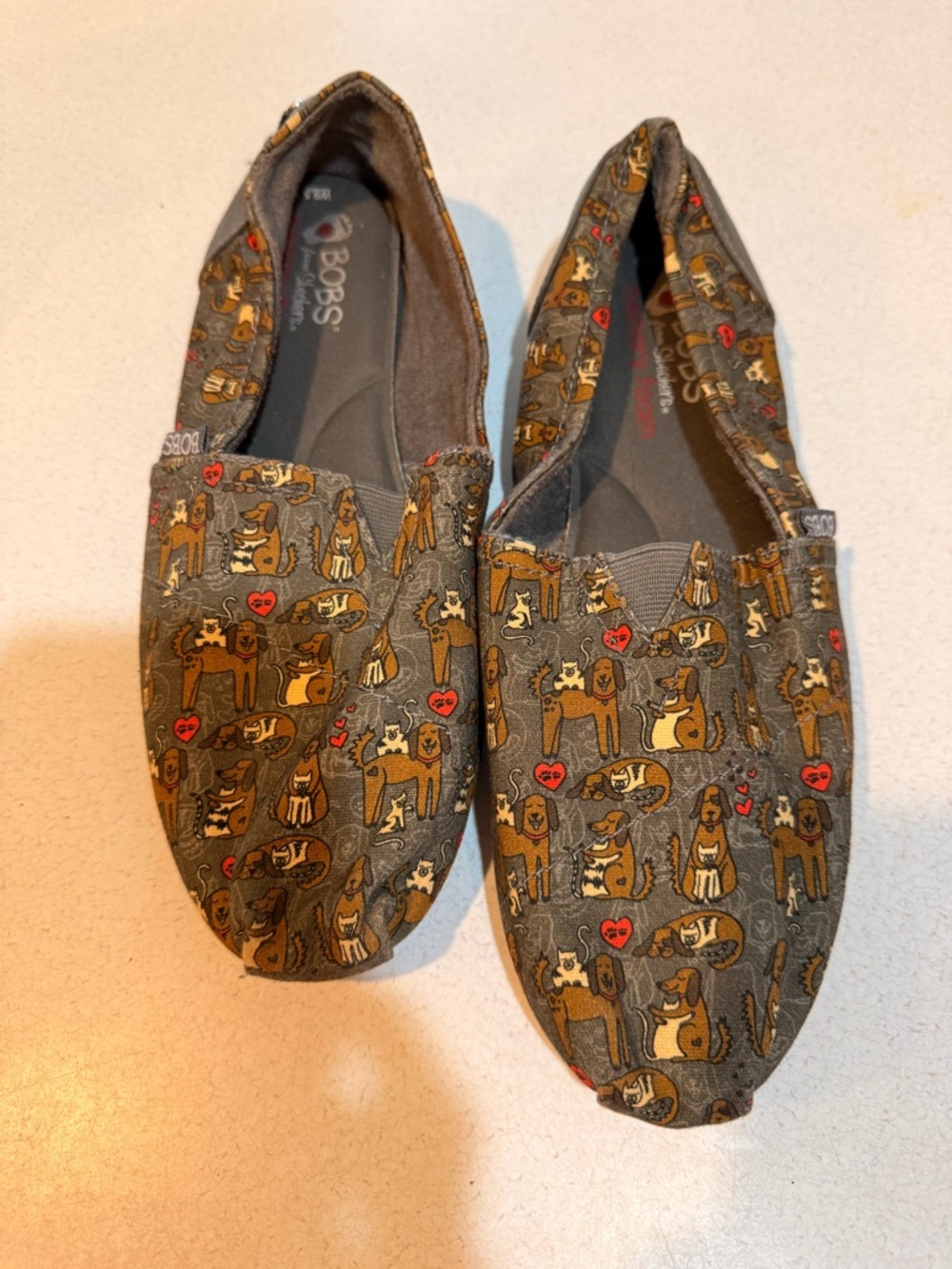 Skechers BOBS Gray Canvas Slip-Ons with Brown Dog and cat Print